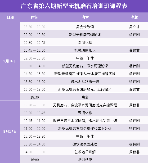 廣東省第六期新型無機(jī)磨石培訓(xùn)班課程表 廣東省第六期新型無機(jī)磨石培訓(xùn)班課程表